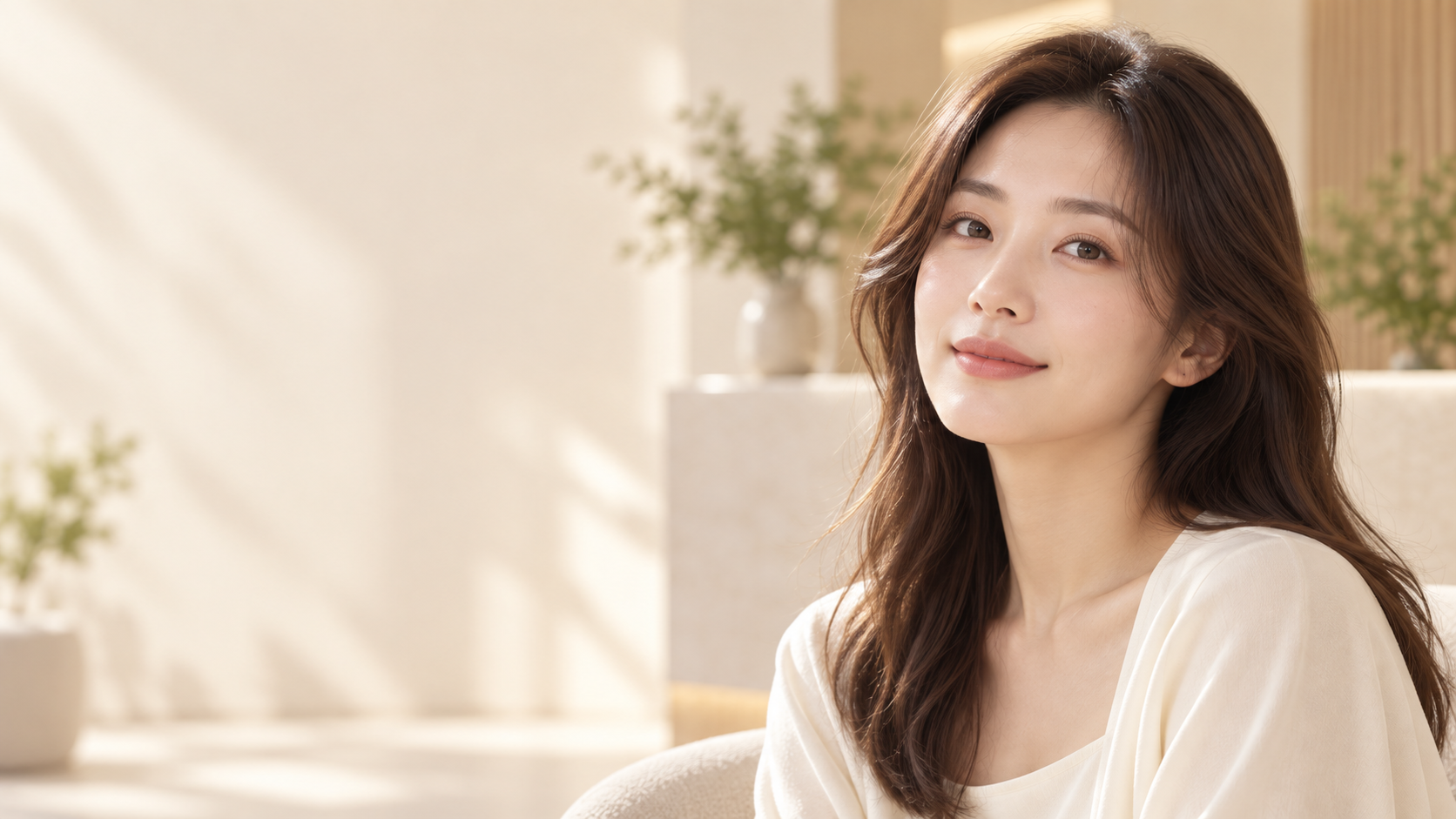 밝은 공간에서 건강한 피부를 보여주는 20대 가상 여성 모델